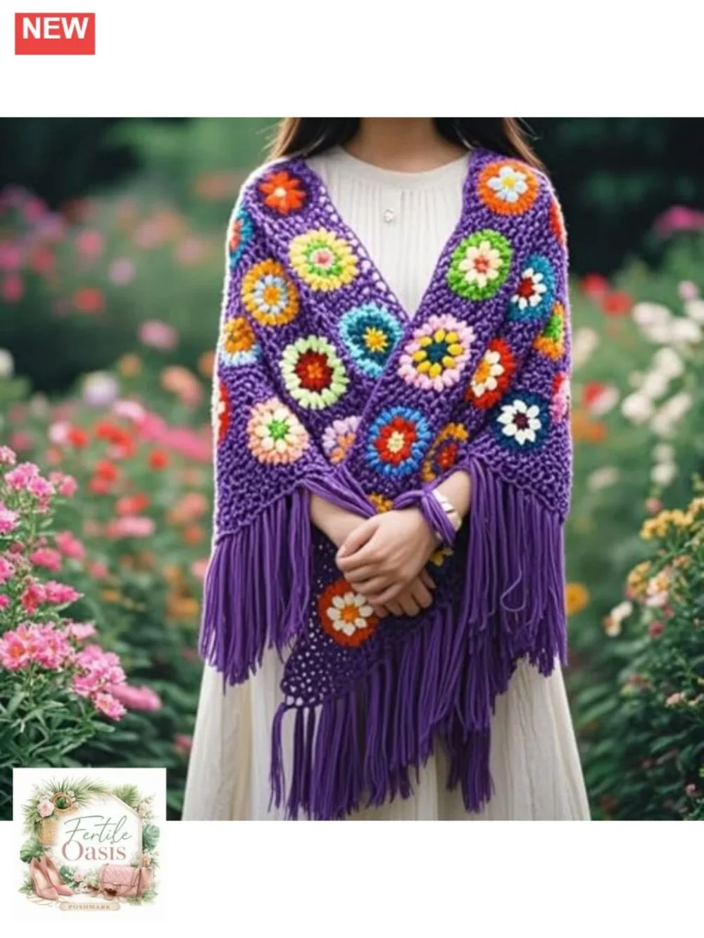 Boho Crochet Shawl Wrap Lightweight Handmade Fringe Pashmina Women